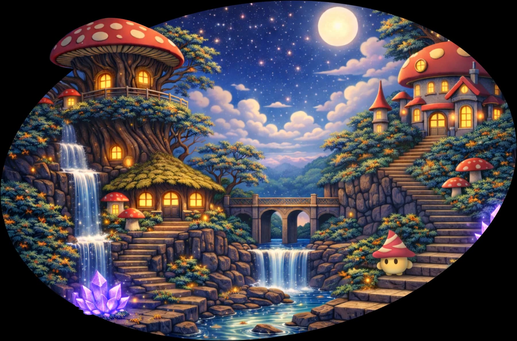 A moonlit mushroom village with waterfalls and glowing windows